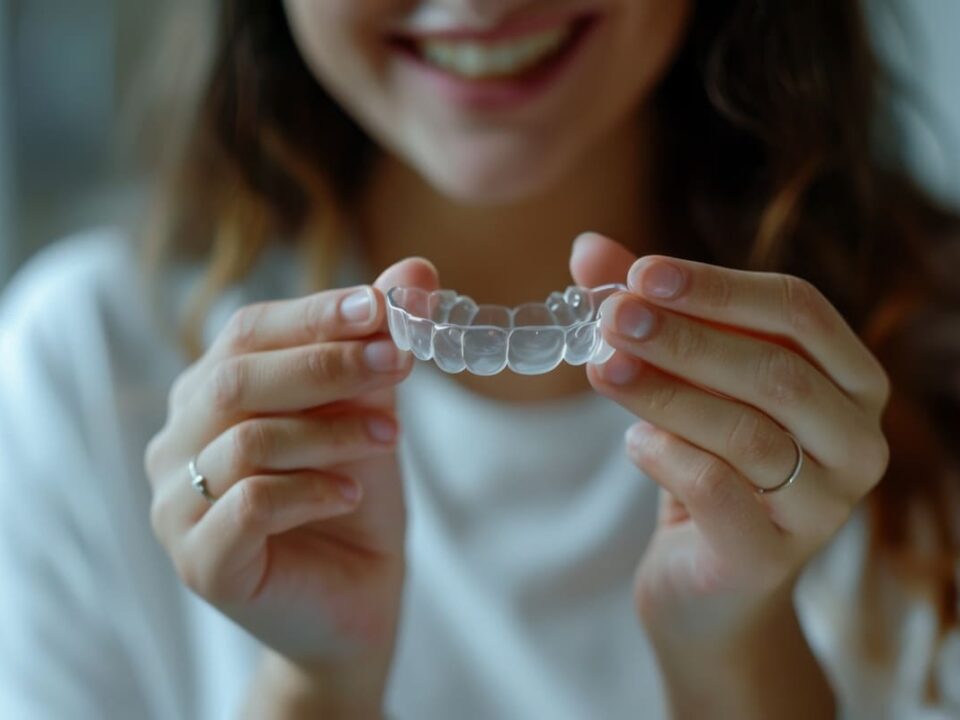 Mulher sorrindo, segurando alinhador dental transparente em close, com foco no produto de cuidado oral, adequado para odontologia e ortodontia.